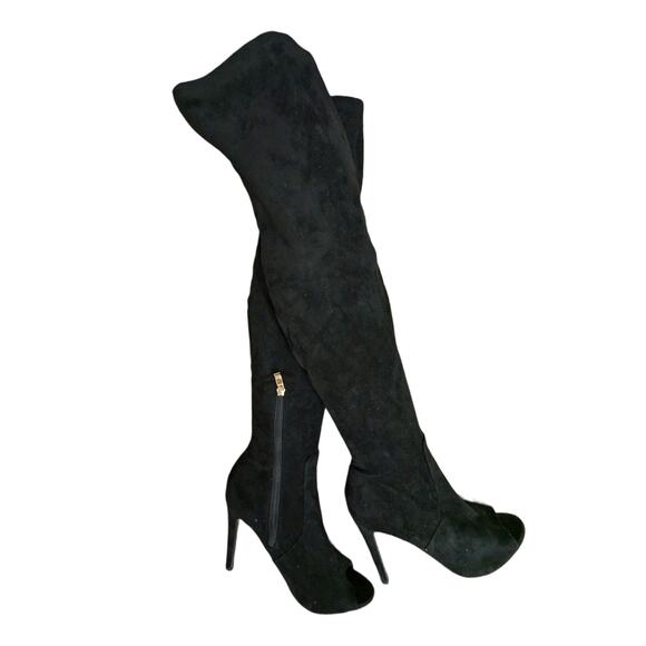 NWOT-1 SHOW! HOT TOMATO! BLACK VEGAN SUEDE  PEEP TOE OVER THE KNEE BOOTS!SZ 7.5M - Picture 2 of 11